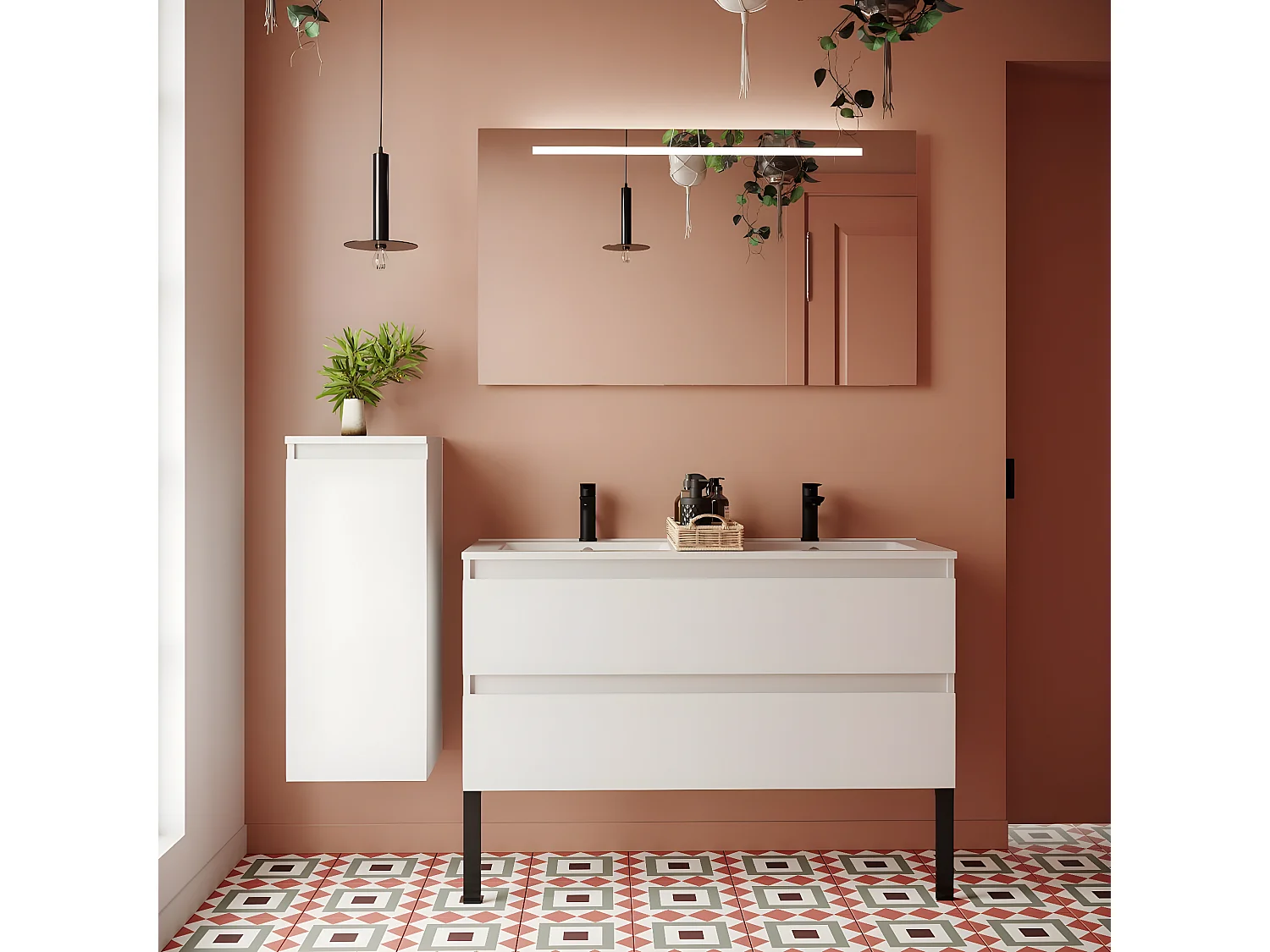 Meuble de salle de bain suspendu double vasque intégrée 120cm 2 tiroirs Blanc + miroir + colonne ouverture gauche - Hudson