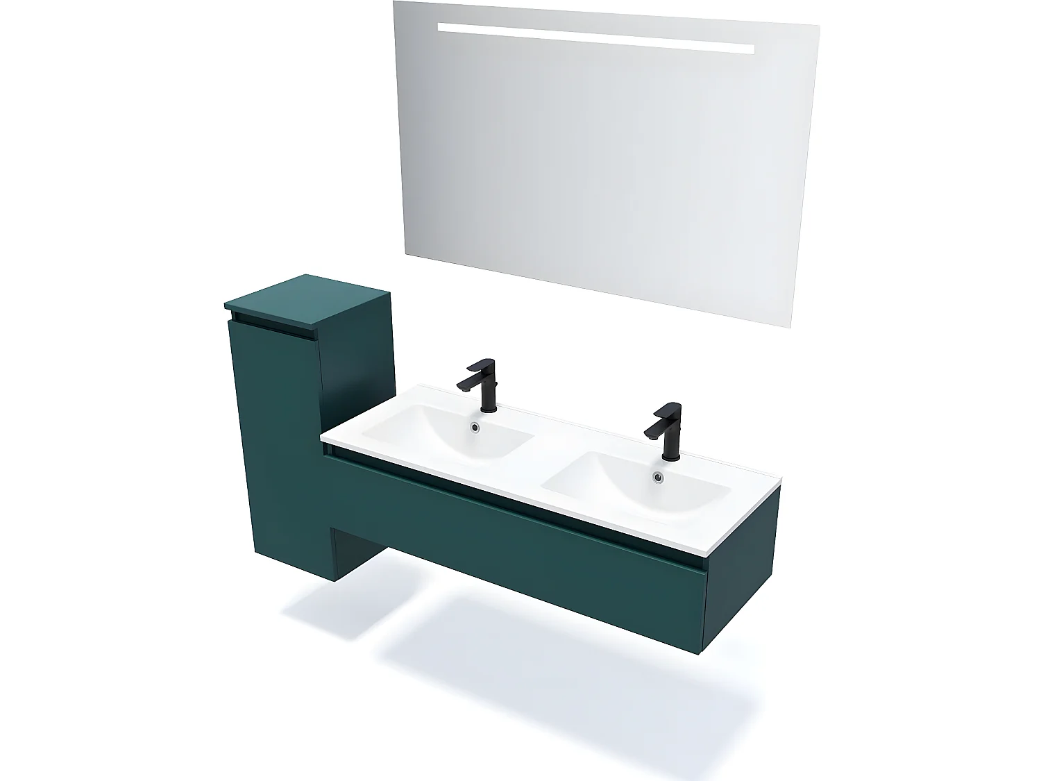 Meuble de salle de bain suspendu 2 vasques à poser 120cm 1 tiroir Bleu + miroir + colonne ouverture gauche - Hudson