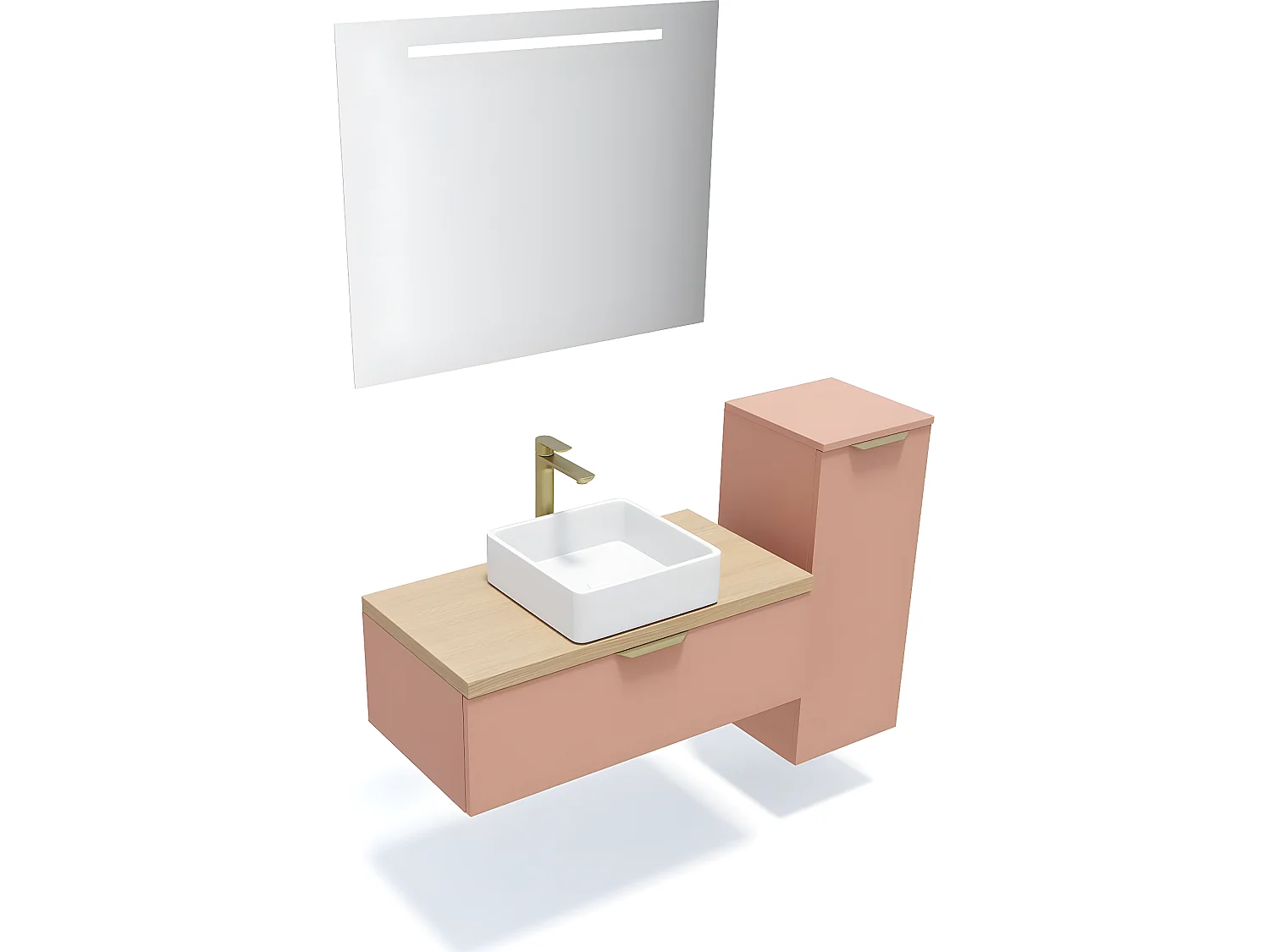 Meuble de salle de bain suspendu vasque à poser 90cm 1 tiroir Abricot + miroir + colonne ouverture droite - Venice