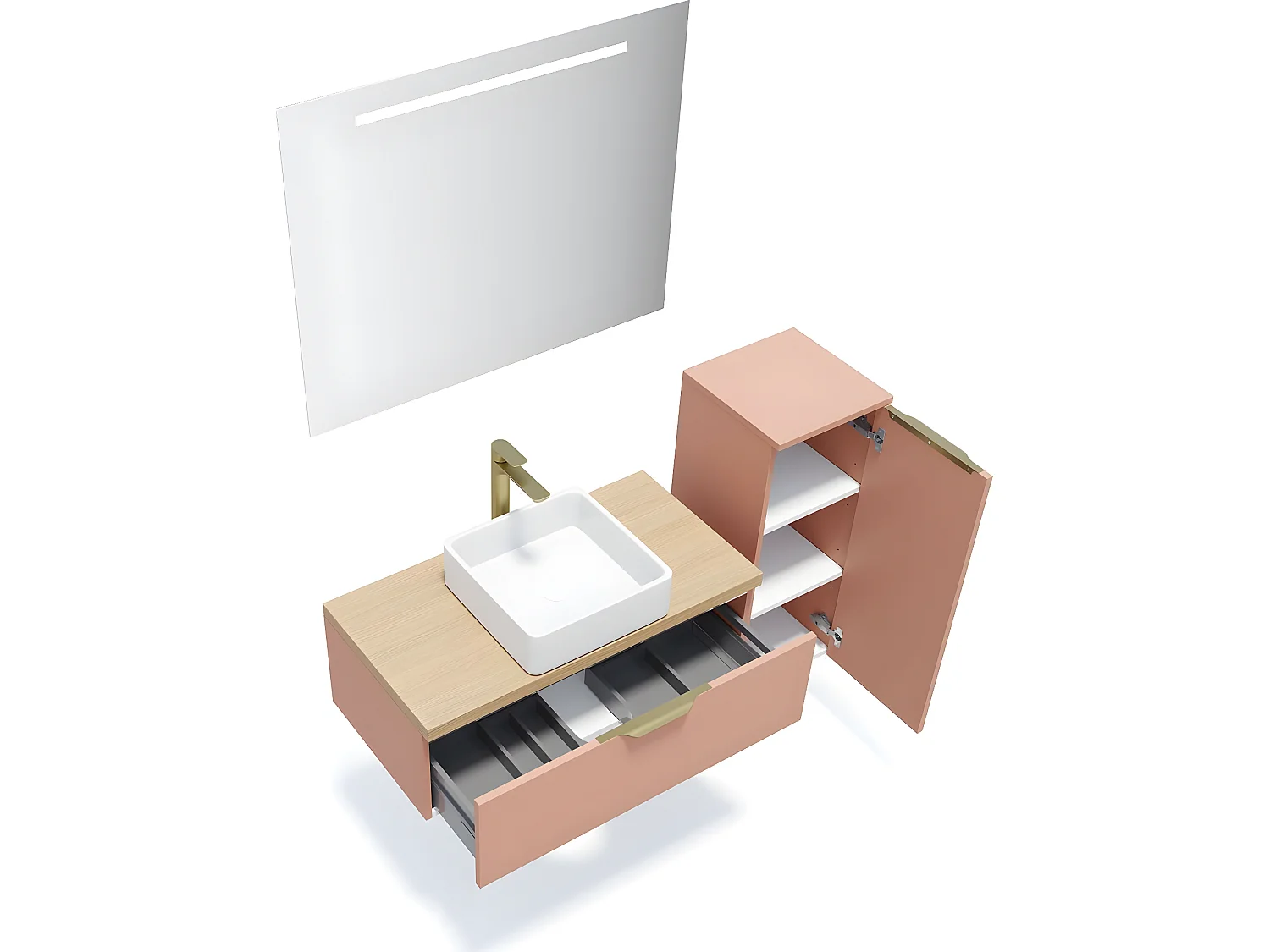 Meuble de salle de bain suspendu vasque à poser 90cm 1 tiroir Abricot + miroir + colonne ouverture droite - Venice
