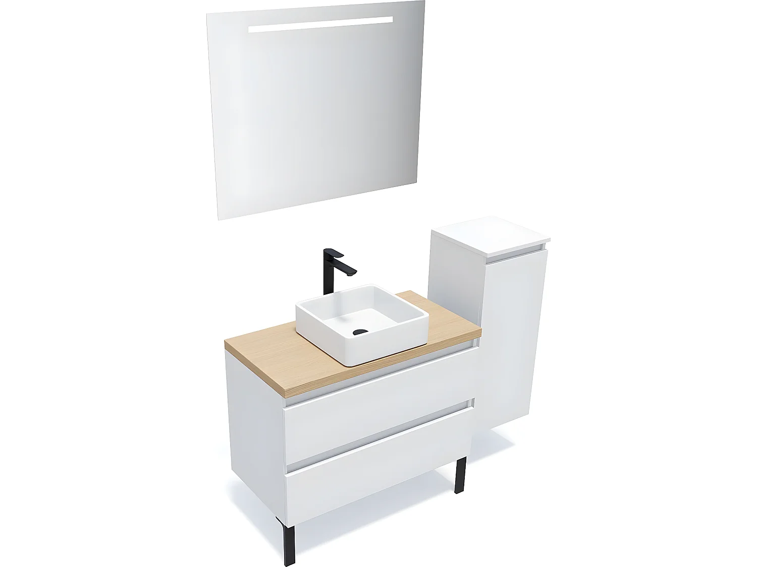 Meuble de salle de bain suspendu vasque à poser 90cm 2 tiroirs Blanc + miroir + colonne ouverture droite - Hudson