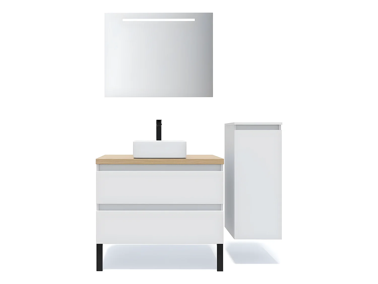 Meuble de salle de bain suspendu vasque à poser 90cm 2 tiroirs Blanc + miroir + colonne ouverture droite - Hudson