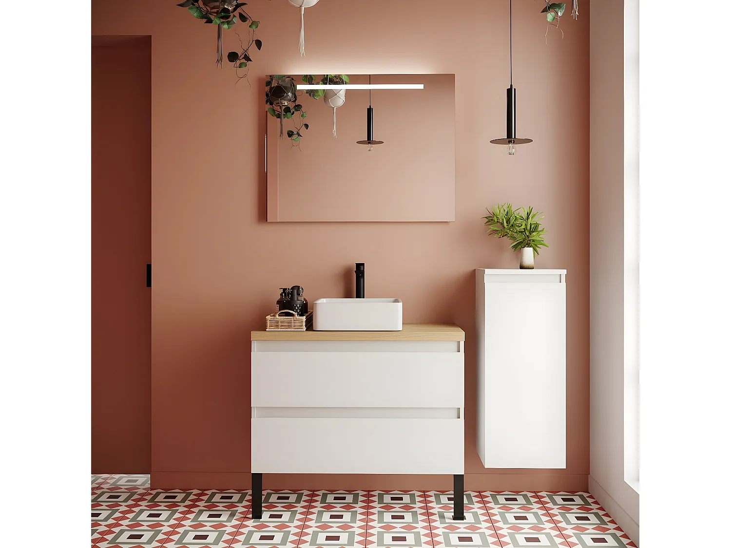 Meuble de salle de bain suspendu vasque à poser 90cm 2 tiroirs Blanc + miroir + colonne ouverture droite - Hudson