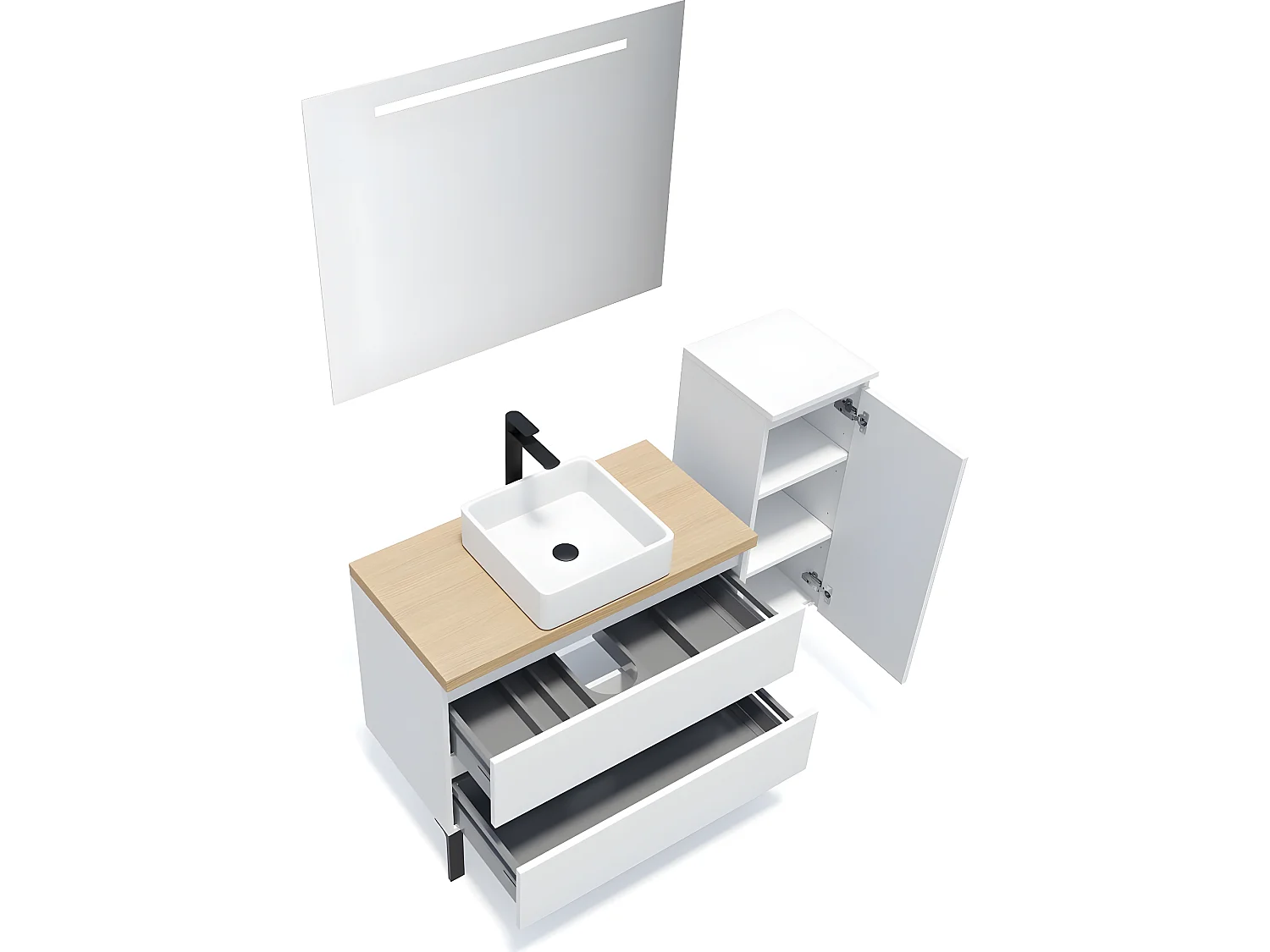 Meuble de salle de bain suspendu vasque à poser 90cm 2 tiroirs Blanc + miroir + colonne ouverture droite - Hudson