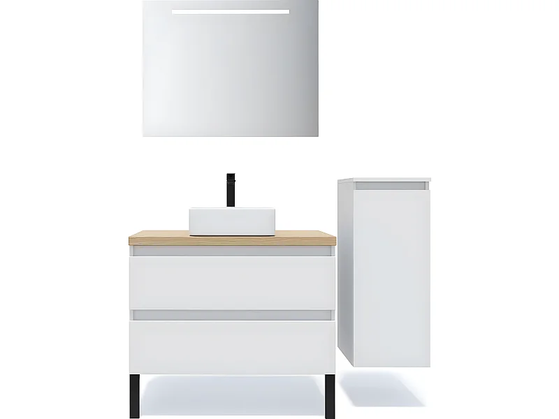 Meuble de salle de bain suspendu vasque à poser 90cm 2 tiroirs Blanc + miroir + colonne ouverture droite - Hudson