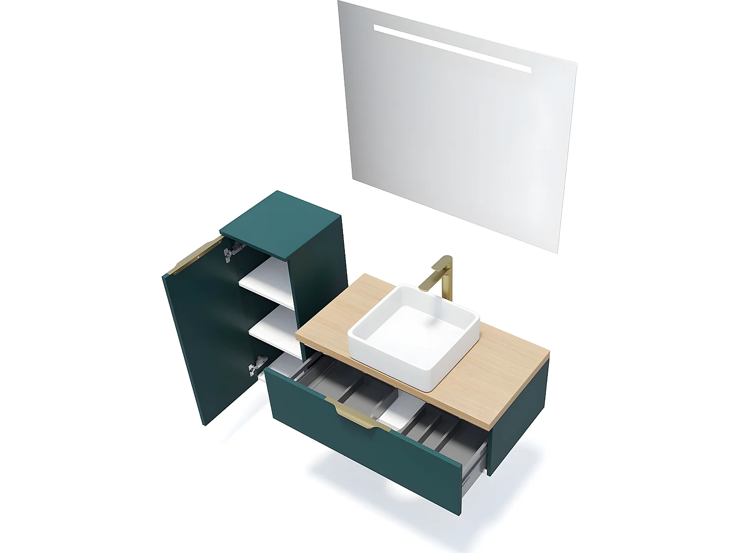 Meuble de salle de bain suspendu vasque à poser 90cm 1 tiroir Bleu + miroir + colonne ouverture gauche - Venice