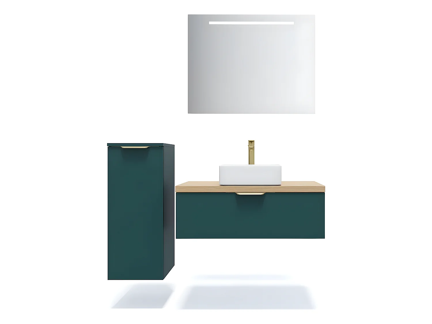 Meuble de salle de bain suspendu vasque à poser 90cm 1 tiroir Bleu + miroir + colonne ouverture gauche - Venice
