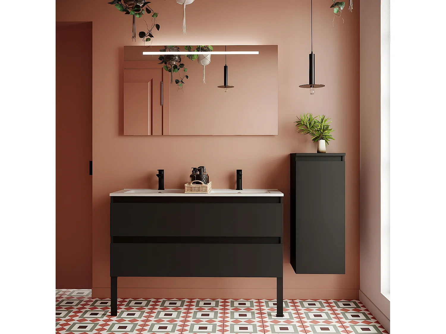 Meuble de salle de bain suspendu 2 vasques à poser 120cm 2 tiroirs Noir + miroir + colonne ouverture droite - Hudson