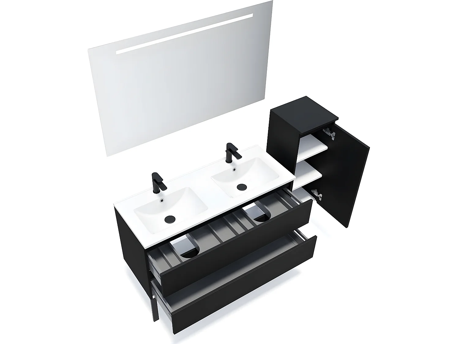 Meuble de salle de bain suspendu 2 vasques à poser 120cm 2 tiroirs Noir + miroir + colonne ouverture droite - Hudson