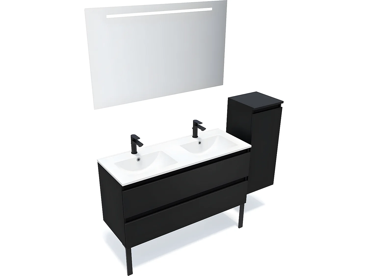 Meuble de salle de bain suspendu 2 vasques à poser 120cm 2 tiroirs Noir + miroir + colonne ouverture droite - Hudson
