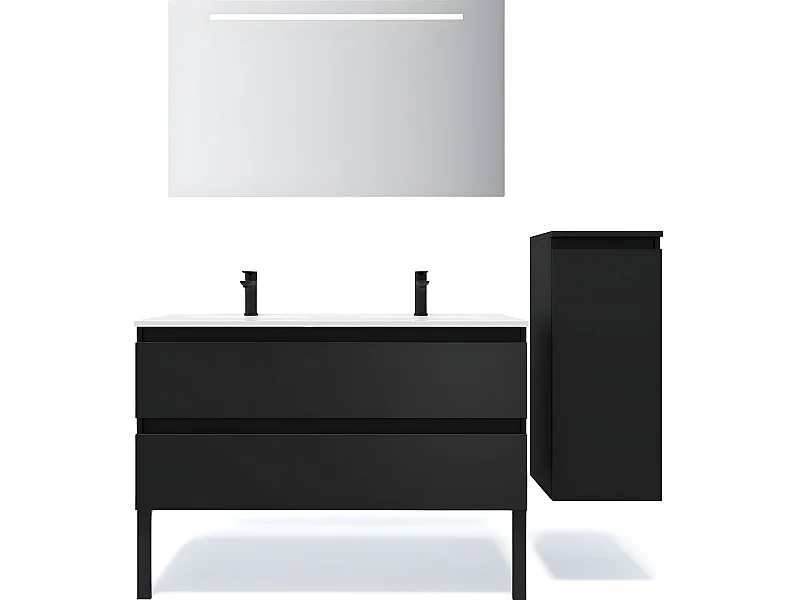 Meuble de salle de bain suspendu 2 vasques à poser 120cm 2 tiroirs Noir + miroir + colonne ouverture droite - Hudson