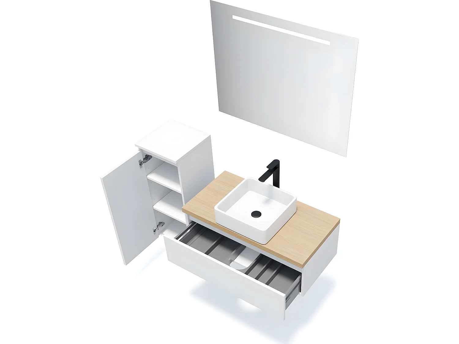 Meuble de salle de bain suspendu vasque à poser 90cm 1 tiroir Blanc + miroir + colonne ouverture gauche - Hudson
