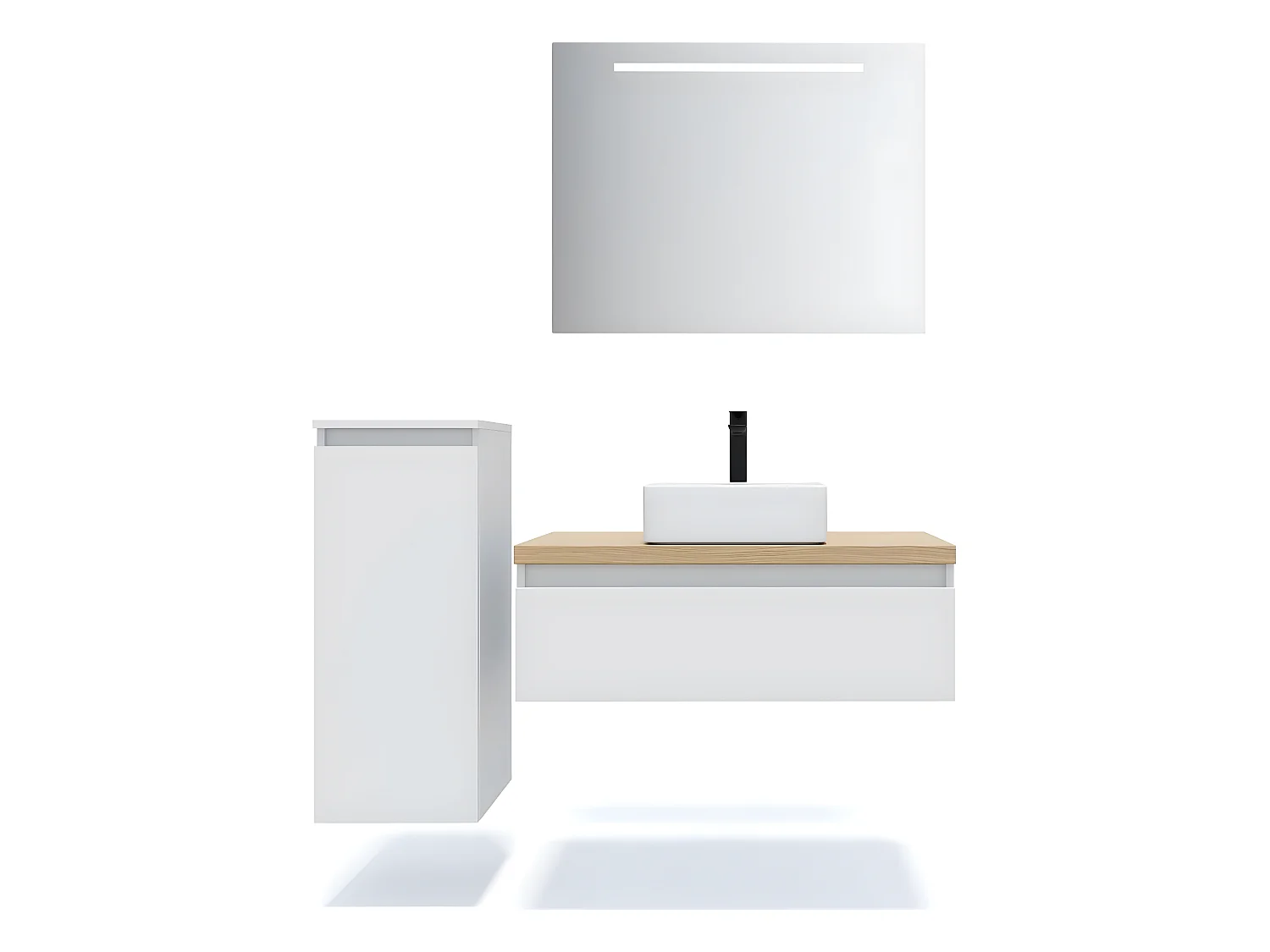 Meuble de salle de bain suspendu vasque à poser 90cm 1 tiroir Blanc + miroir + colonne ouverture gauche - Hudson