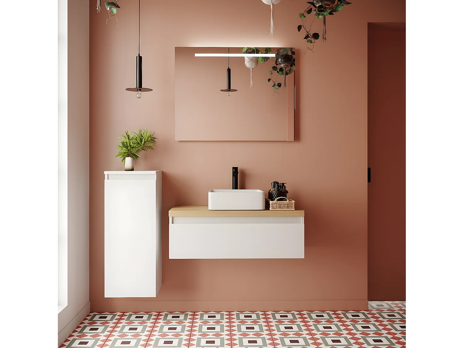 Meuble de salle de bain suspendu vasque à poser 90cm 1 tiroir Blanc + miroir + colonne ouverture gauche - Hudson