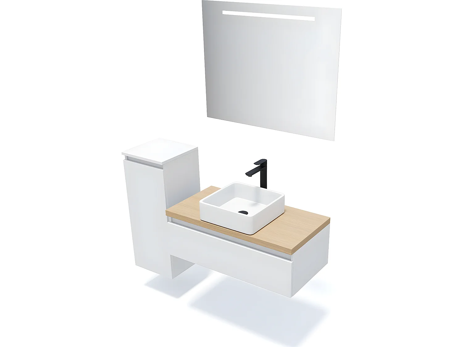 Meuble de salle de bain suspendu vasque à poser 90cm 1 tiroir Blanc + miroir + colonne ouverture gauche - Hudson