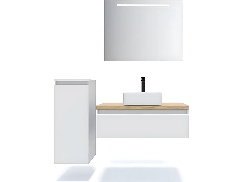 Meuble de salle de bain suspendu vasque à poser 90cm 1 tiroir Blanc + miroir + colonne ouverture gauche - Hudson