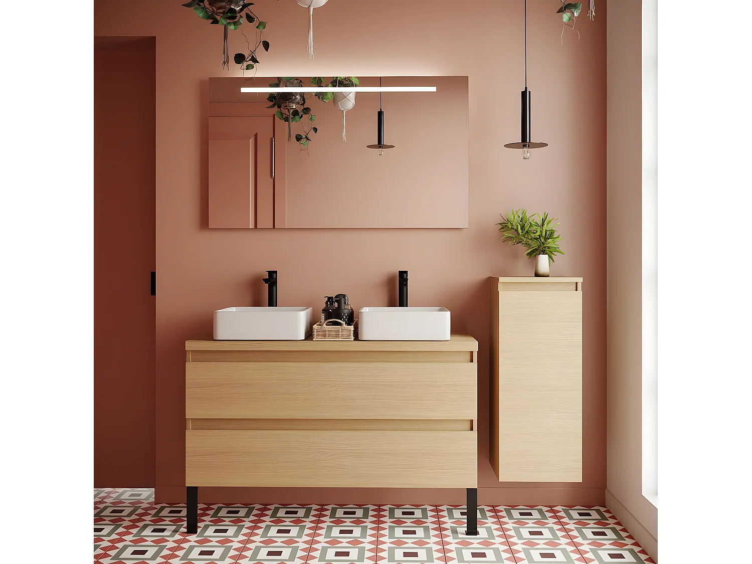 Meuble de salle de bain suspendu 2 vasques à poser 120cm 2 tiroirs Chêne clair + miroir + colonne ouverture droite - Hudson