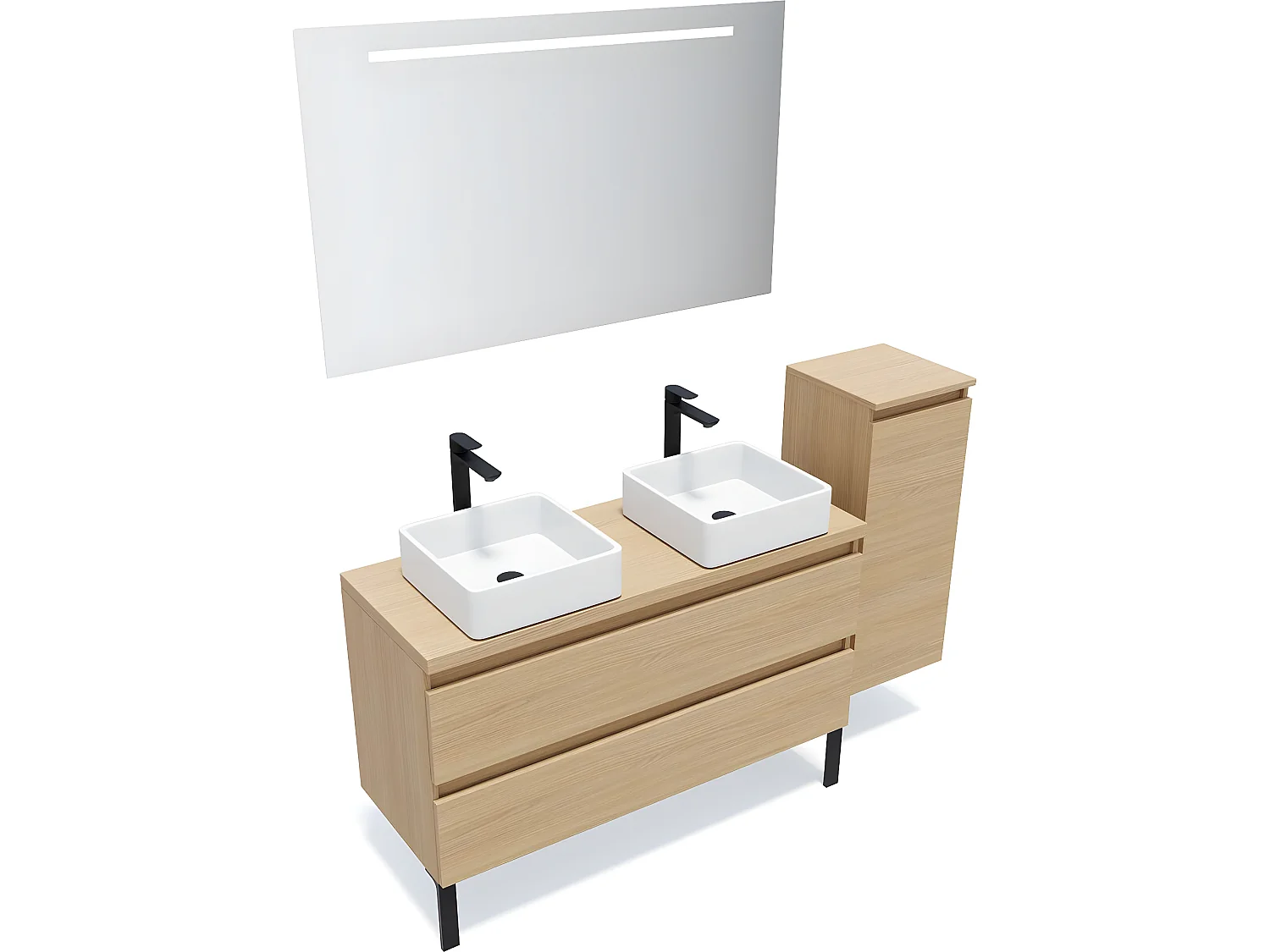 Meuble de salle de bain suspendu 2 vasques à poser 120cm 2 tiroirs Chêne clair + miroir + colonne ouverture droite - Hudson