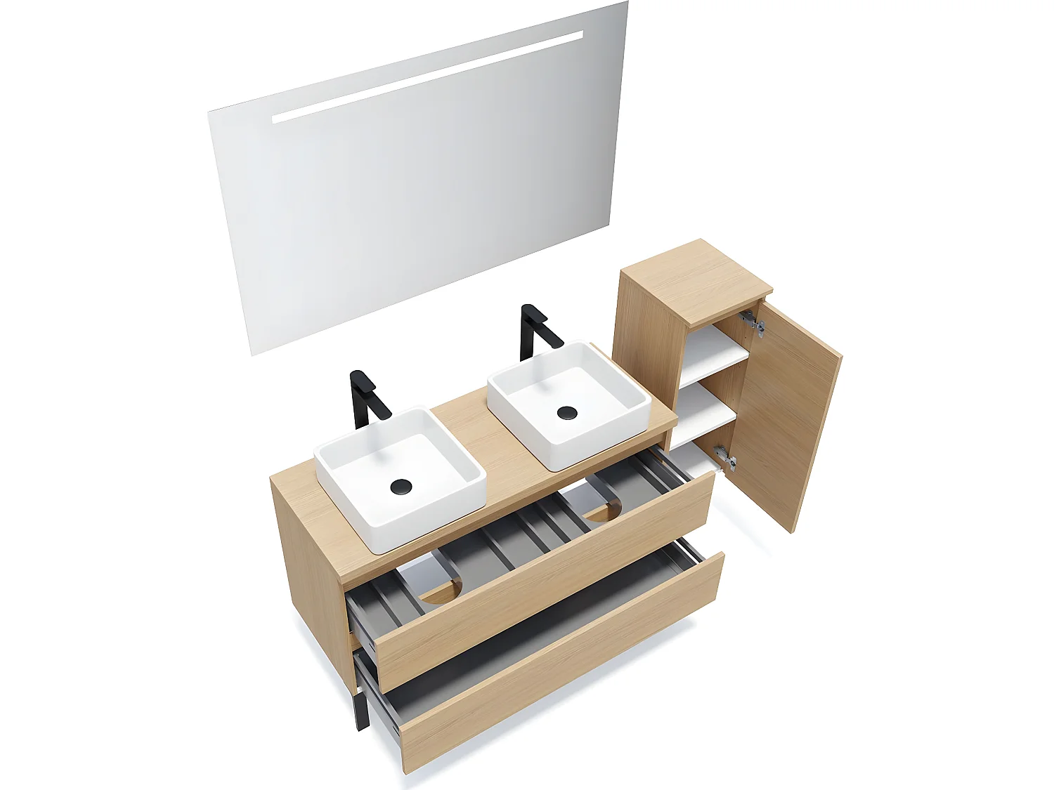 Meuble de salle de bain suspendu 2 vasques à poser 120cm 2 tiroirs Chêne clair + miroir + colonne ouverture droite - Hudson
