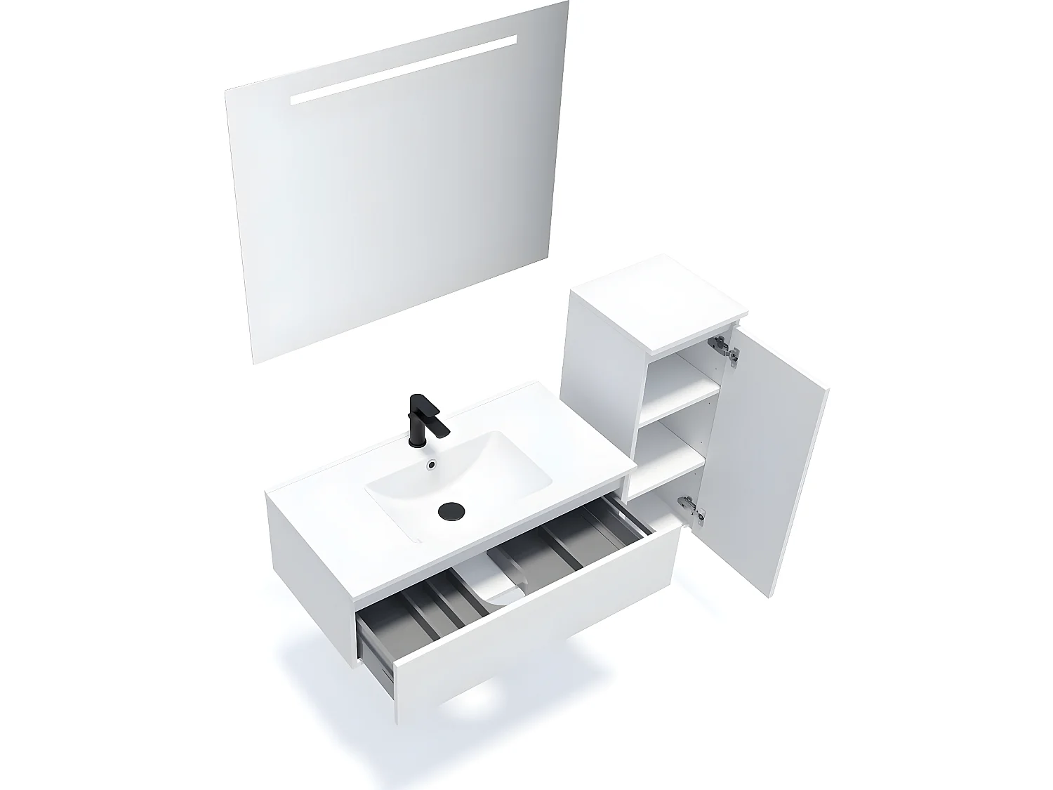 Meuble de salle de bain suspendu vasque intégrée 90cm 1 tiroir Blanc + miroir + colonne ouverture droite - Hudson