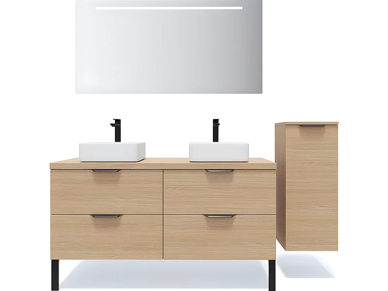 Meuble de salle de bain suspendu 2 vasques à poser 140cm 4 tiroirs Chêne clair + miroir + colonne ouverture droite - Soho