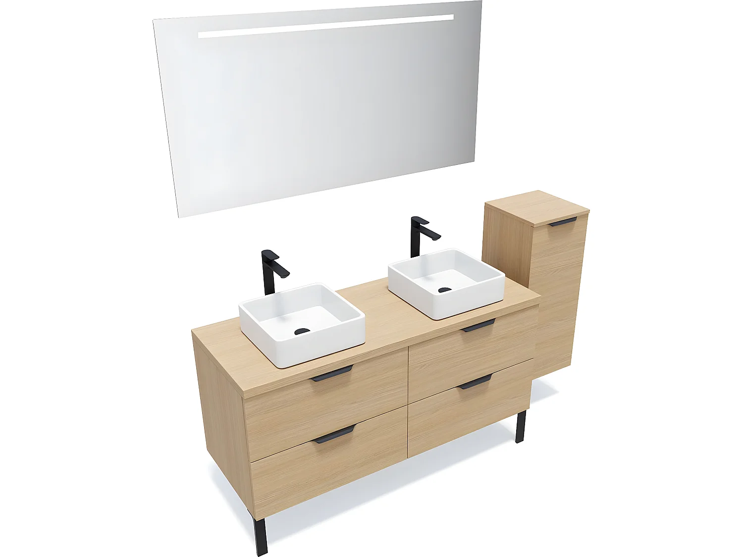Meuble de salle de bain suspendu 2 vasques à poser 140cm 4 tiroirs Chêne clair + miroir + colonne ouverture droite - Soho