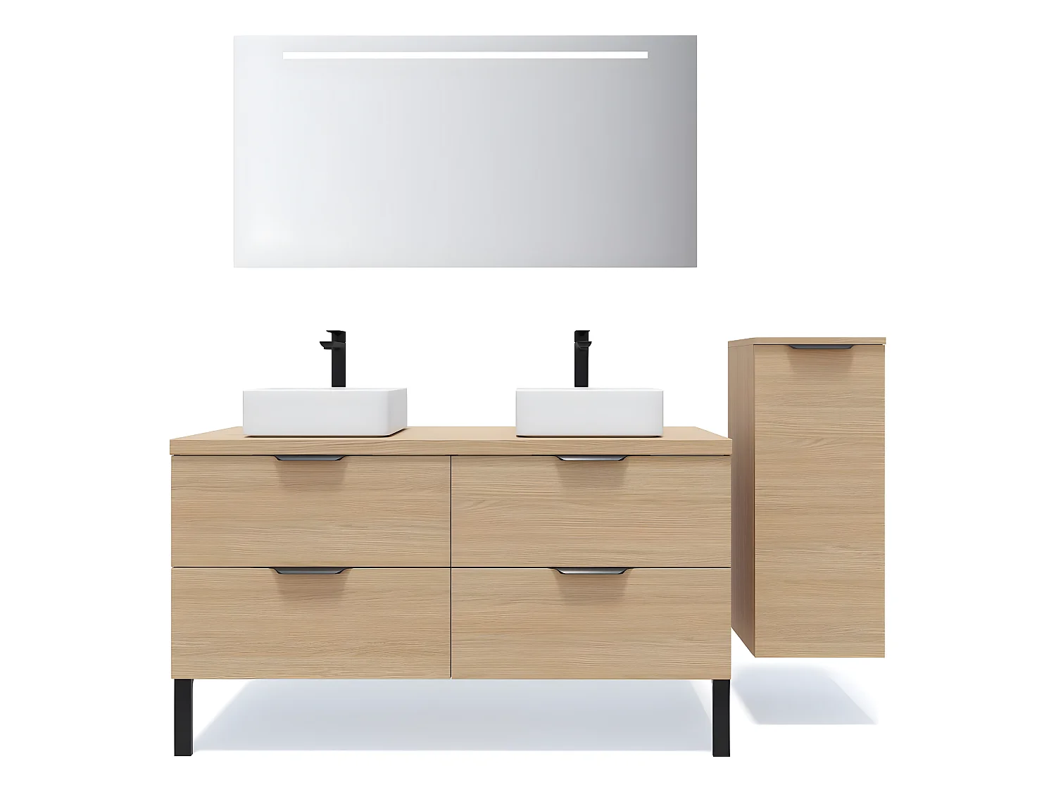Meuble de salle de bain suspendu 2 vasques à poser 140cm 4 tiroirs Chêne clair + miroir + colonne ouverture droite - Soho