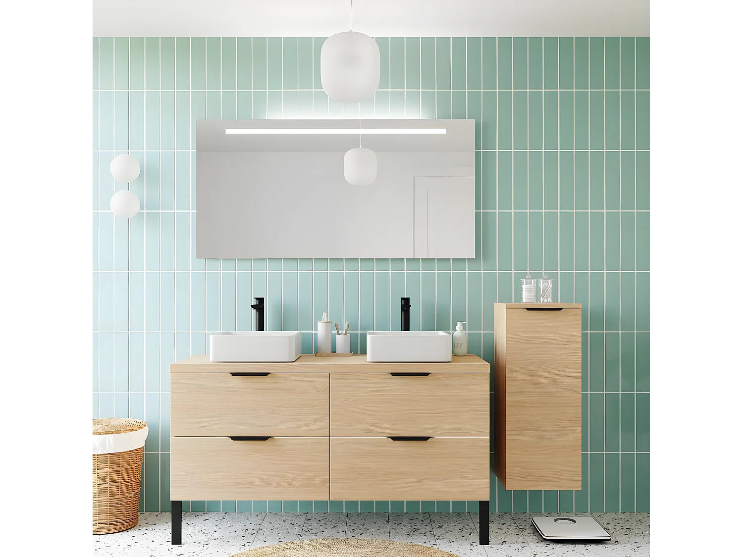 Meuble de salle de bain suspendu 2 vasques à poser 140cm 4 tiroirs Chêne clair + miroir + colonne ouverture droite - Soho