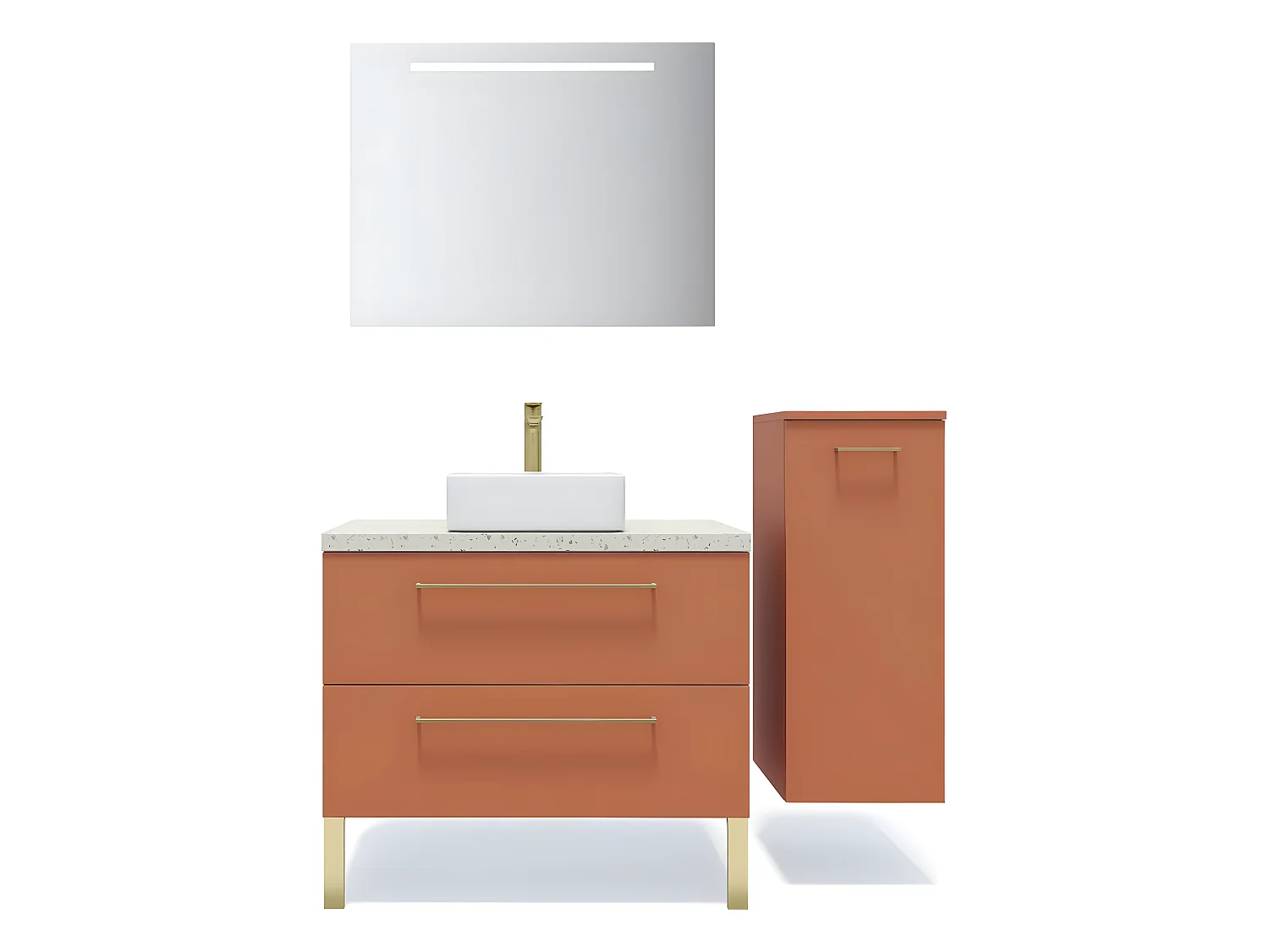 Meuble de salle de bain suspendu vasque à poser 90cm 2 tiroirs Terracotta + miroir + colonne ouverture droite - Glasgow