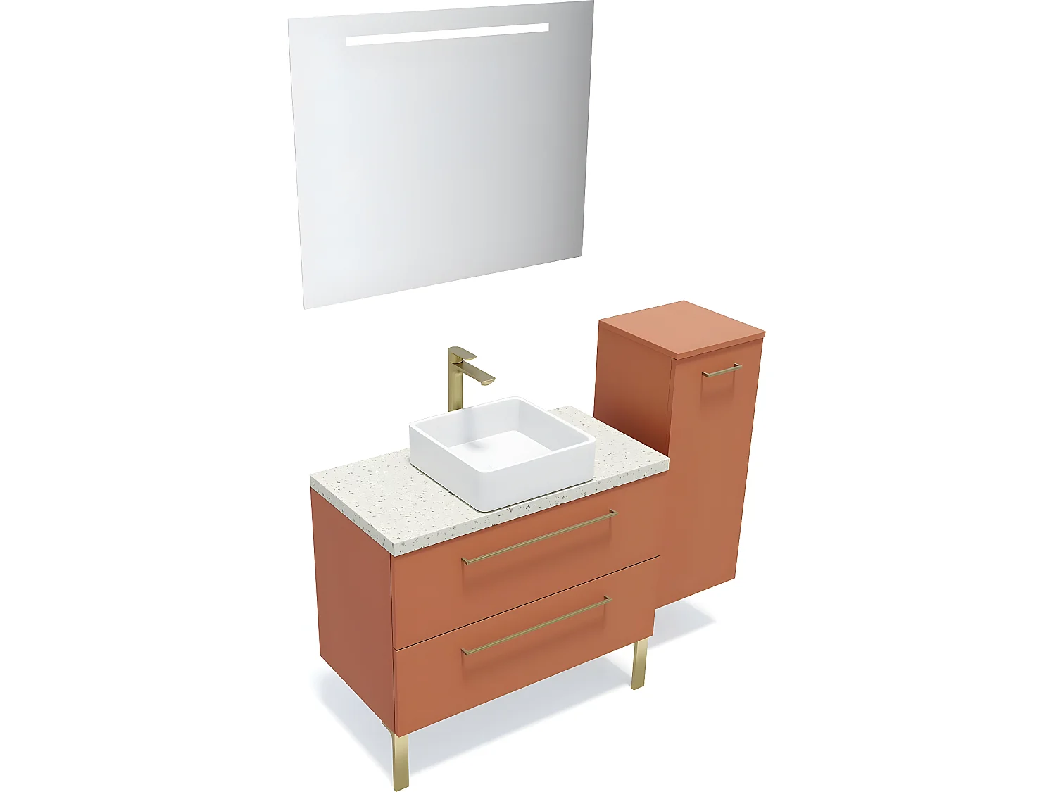 Meuble de salle de bain suspendu vasque à poser 90cm 2 tiroirs Terracotta + miroir + colonne ouverture droite - Glasgow