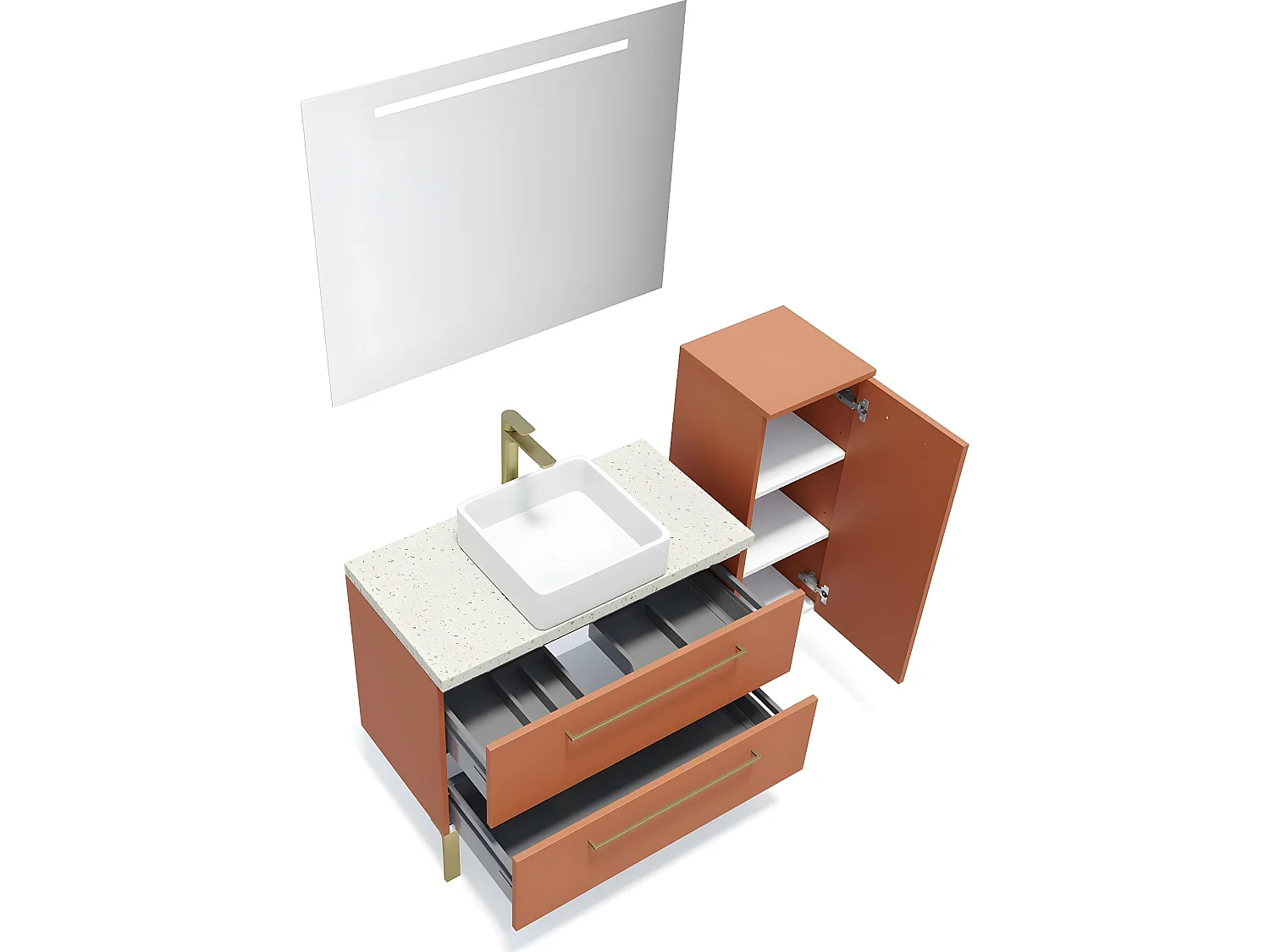 Meuble de salle de bain suspendu vasque à poser 90cm 2 tiroirs Terracotta + miroir + colonne ouverture droite - Glasgow