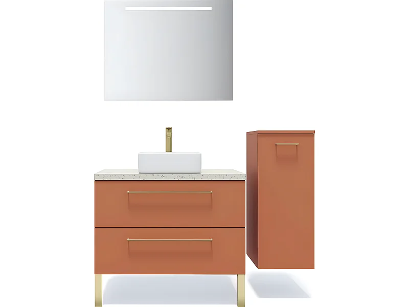 Meuble de salle de bain suspendu vasque à poser 90cm 2 tiroirs Terracotta + miroir + colonne ouverture droite - Glasgow