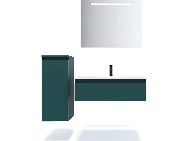 Meuble de salle de bain suspendu vasque intégrée 90cm 1 tiroir Bleu + miroir + colonne ouverture gauche - Hudson
