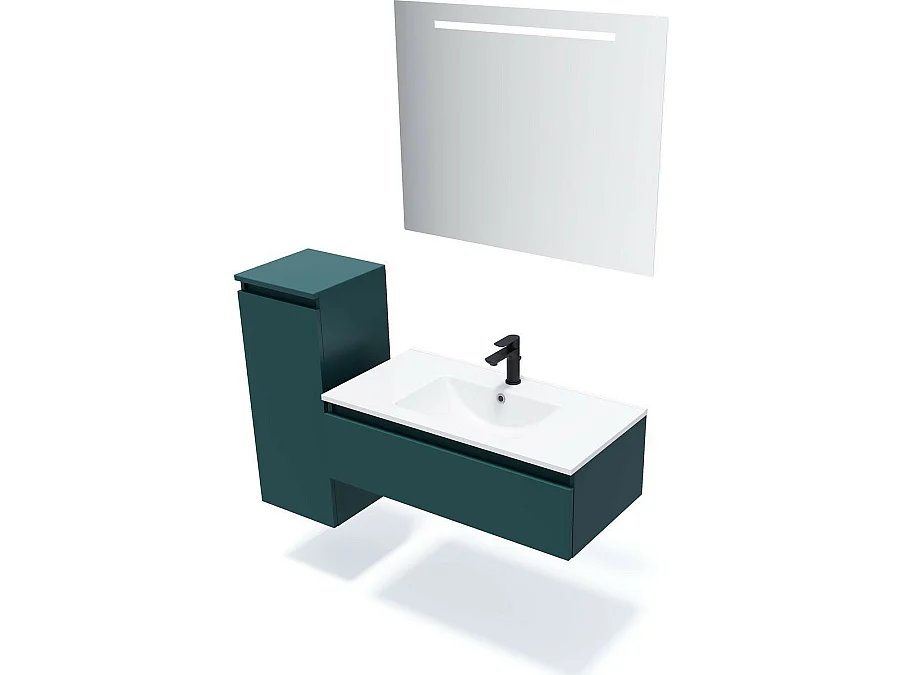 Meuble de salle de bain suspendu vasque intégrée 90cm 1 tiroir Bleu + miroir + colonne ouverture gauche - Hudson