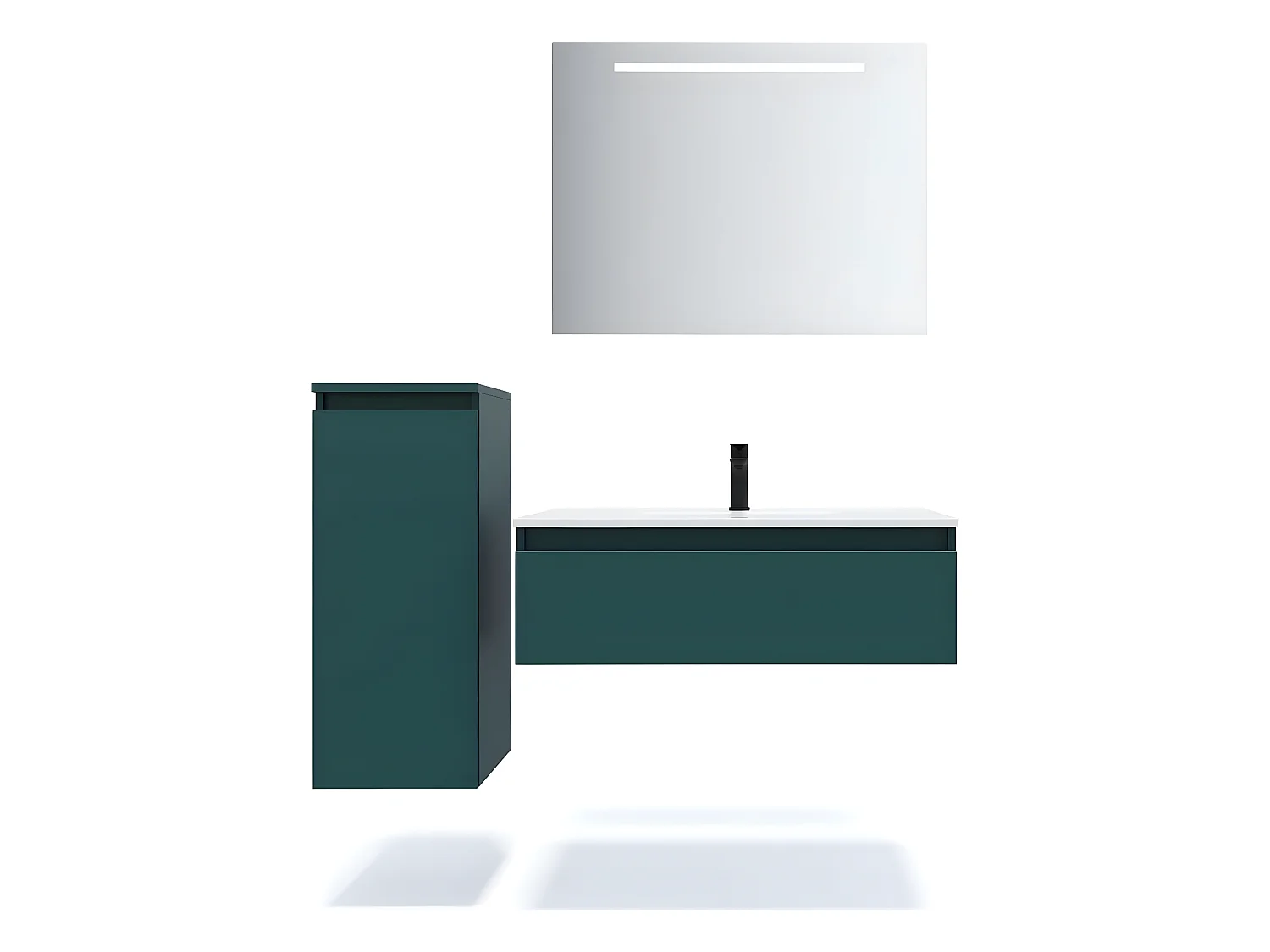 Meuble de salle de bain suspendu vasque intégrée 90cm 1 tiroir Bleu + miroir + colonne ouverture gauche - Hudson