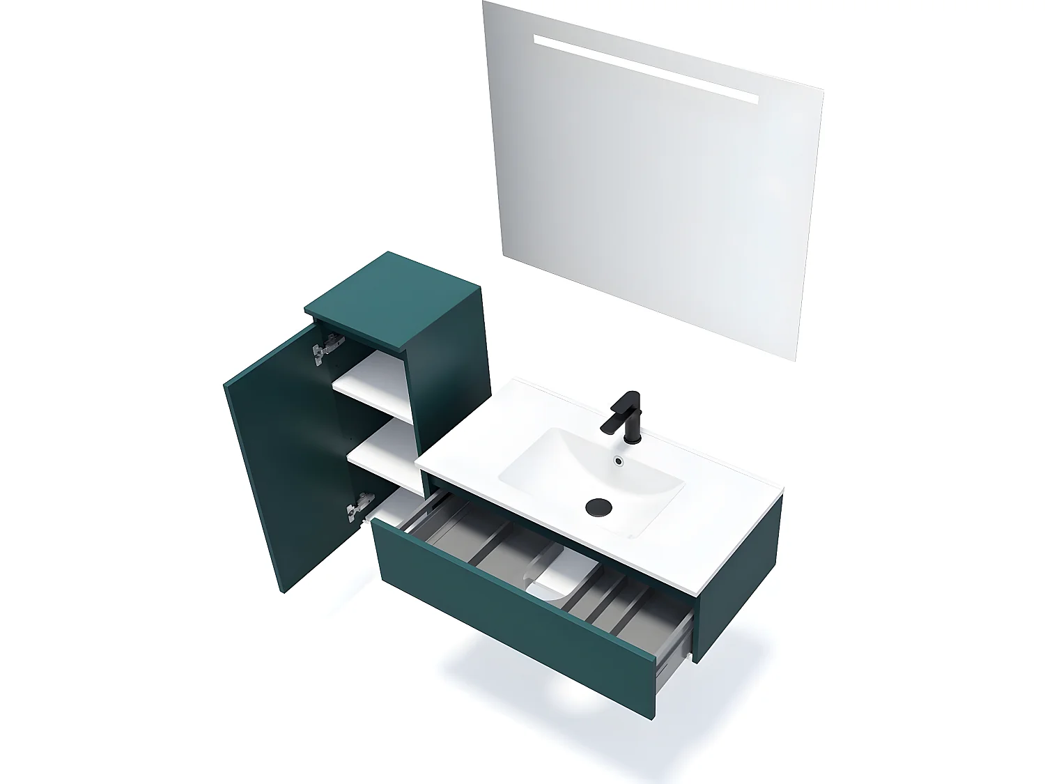 Meuble de salle de bain suspendu vasque intégrée 90cm 1 tiroir Bleu + miroir + colonne ouverture gauche - Hudson