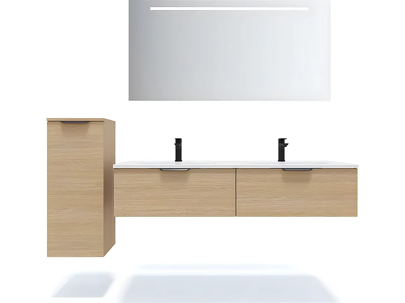 Meuble de salle de bain suspendu double vasque intégrée 140cm 2 tiroirs Chêne clair + miroir + colonne ouverture gauche - Soho