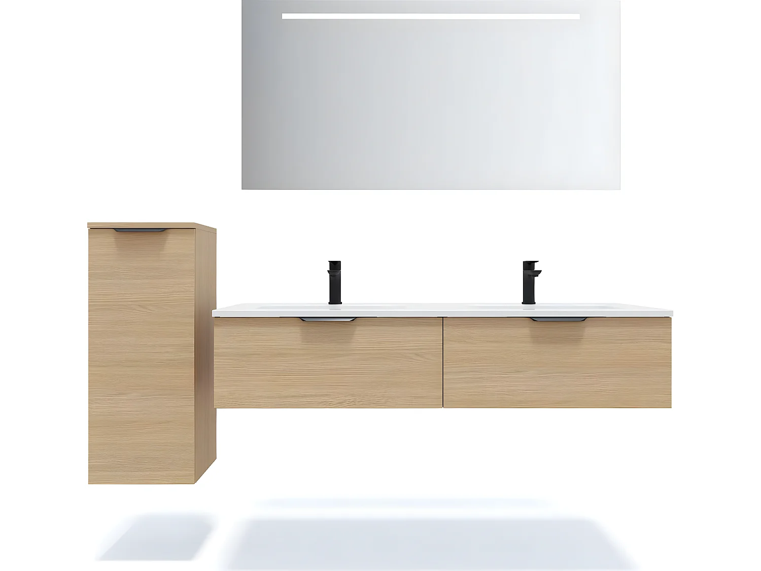 Meuble de salle de bain suspendu double vasque intégrée 140cm 2 tiroirs Chêne clair + miroir + colonne ouverture gauche - Soho