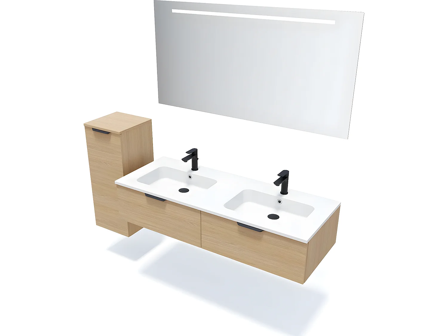 Meuble de salle de bain suspendu double vasque intégrée 140cm 2 tiroirs Chêne clair + miroir + colonne ouverture gauche - Soho