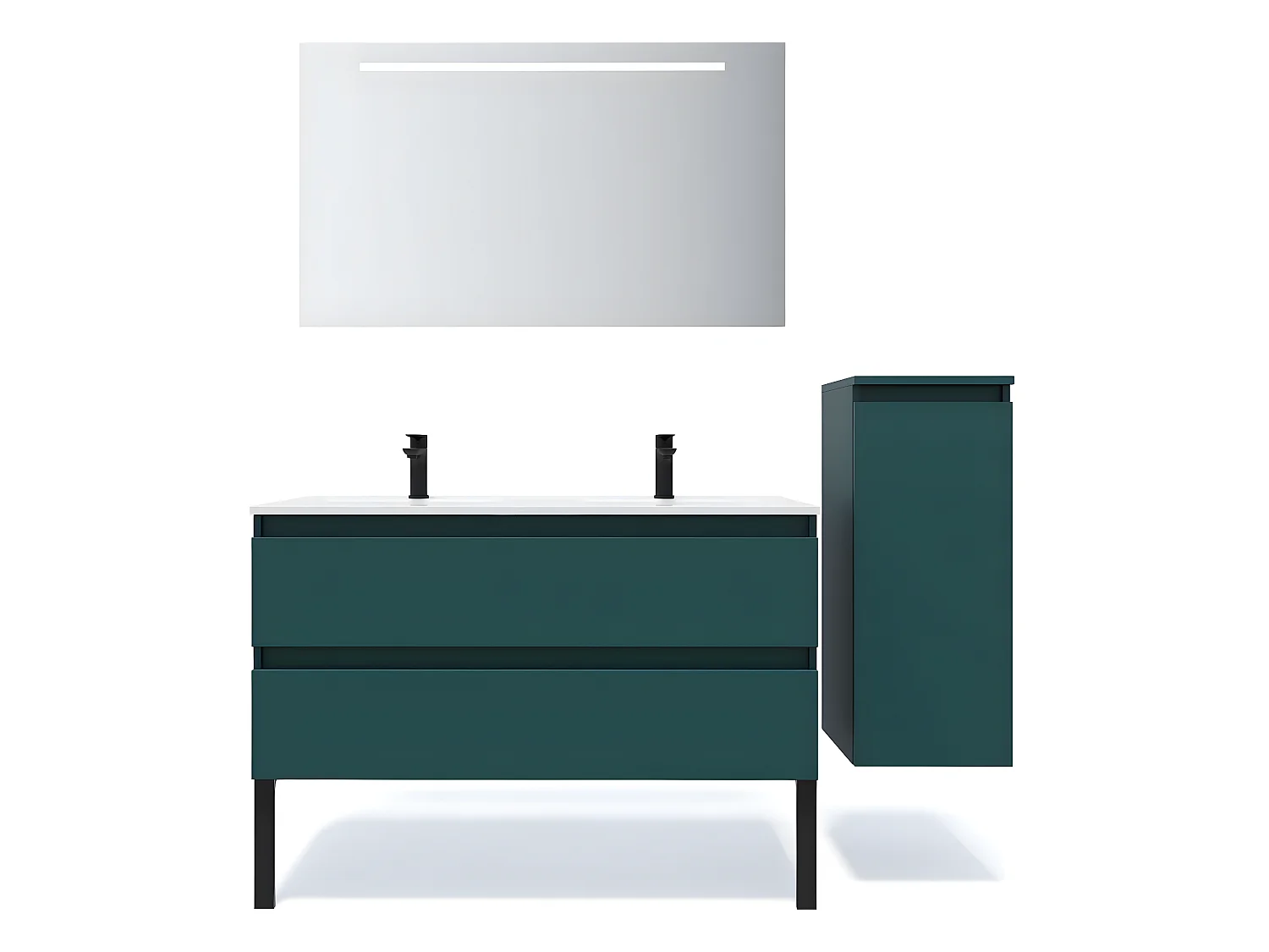 Meuble de salle de bain suspendu 2 vasques à poser 120cm 2 tiroirs Bleu + miroir + colonne ouverture droite - Hudson