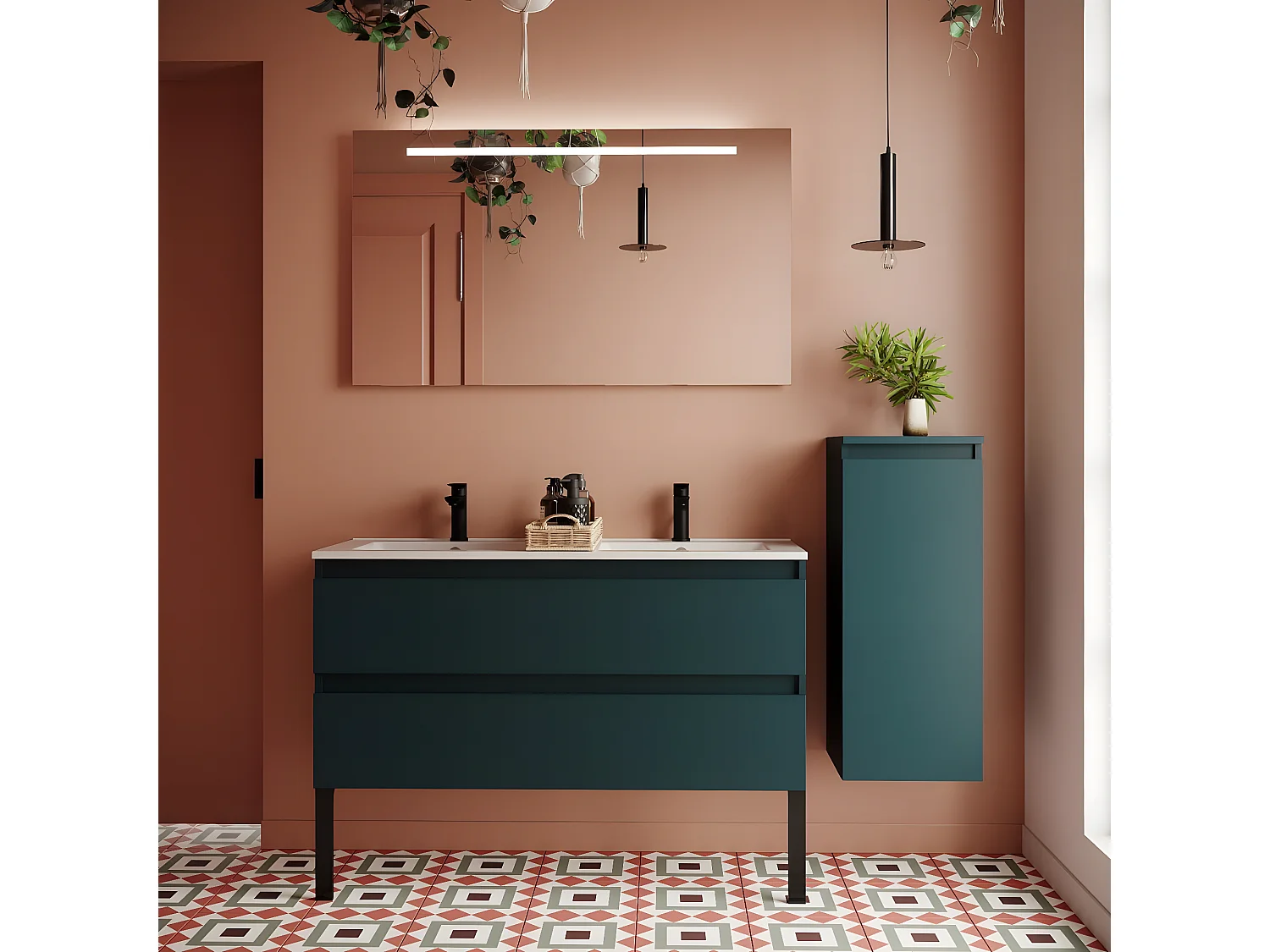 Meuble de salle de bain suspendu 2 vasques à poser 120cm 2 tiroirs Bleu + miroir + colonne ouverture droite - Hudson