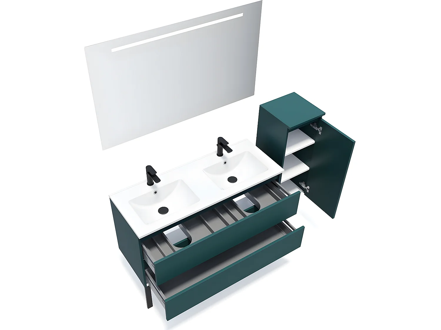 Meuble de salle de bain suspendu 2 vasques à poser 120cm 2 tiroirs Bleu + miroir + colonne ouverture droite - Hudson