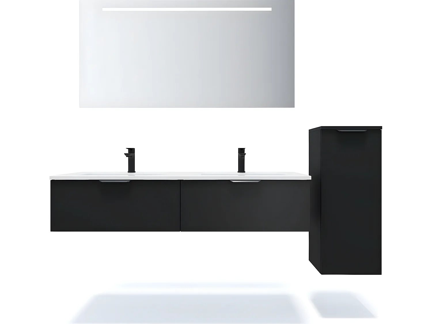 Meuble de salle de bain suspendu double vasque intégrée 140cm 2 tiroirs Noir + miroir + colonne ouverture droite - Soho