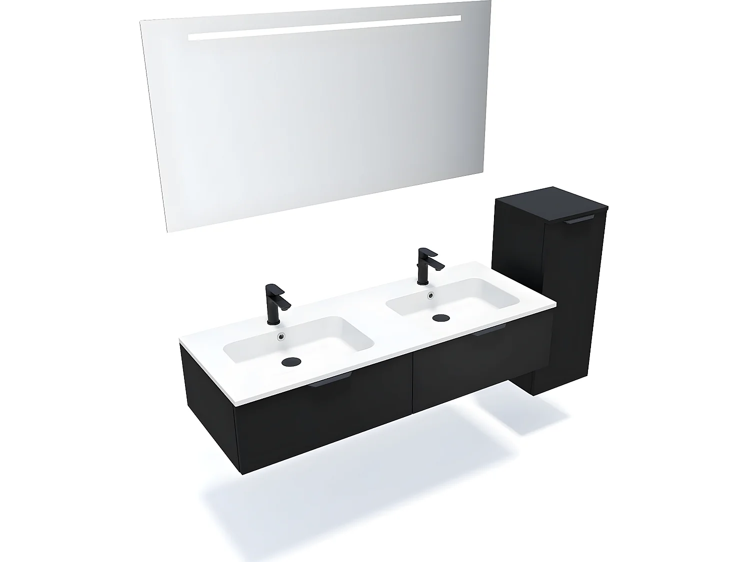 Meuble de salle de bain suspendu double vasque intégrée 140cm 2 tiroirs Noir + miroir + colonne ouverture droite - Soho