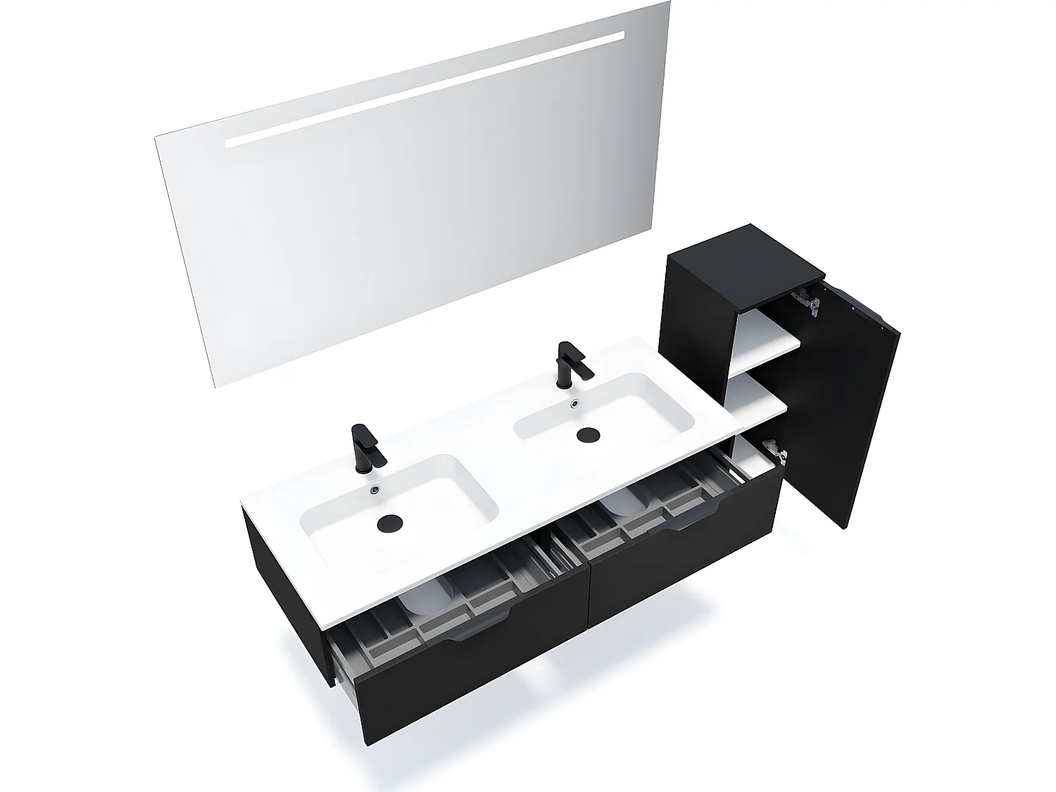Meuble de salle de bain suspendu double vasque intégrée 140cm 2 tiroirs Noir + miroir + colonne ouverture droite - Soho