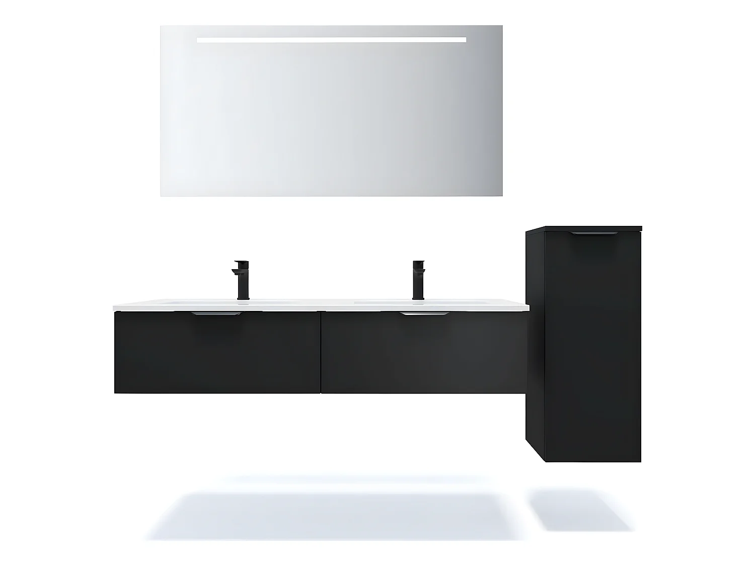 Meuble de salle de bain suspendu double vasque intégrée 140cm 2 tiroirs Noir + miroir + colonne ouverture droite - Soho