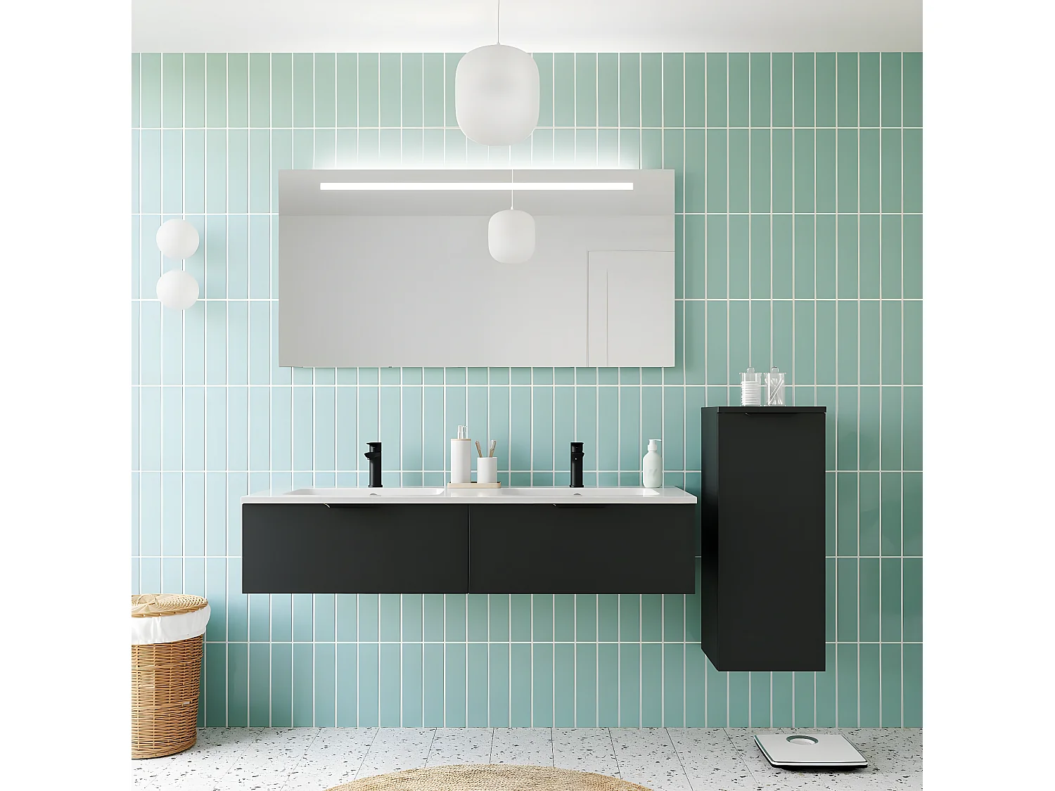 Meuble de salle de bain suspendu double vasque intégrée 140cm 2 tiroirs Noir + miroir + colonne ouverture droite - Soho