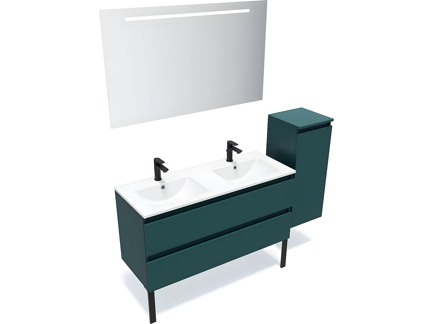 Meuble de salle de bain suspendu double vasque intégrée 120cm 2 tiroirs Bleu + miroir + colonne ouverture droite - Hudson
