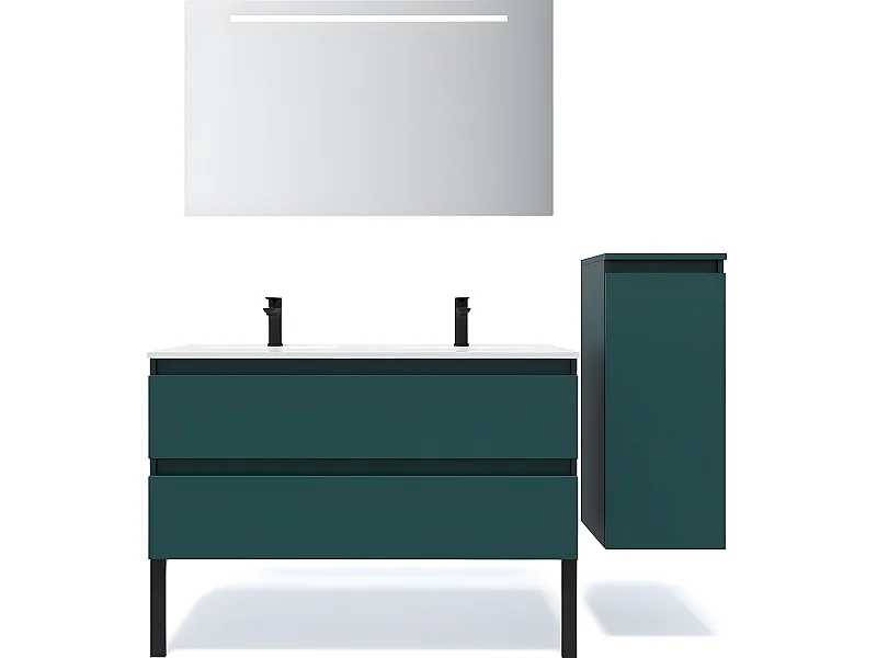 Meuble de salle de bain suspendu double vasque intégrée 120cm 2 tiroirs Bleu + miroir + colonne ouverture droite - Hudson