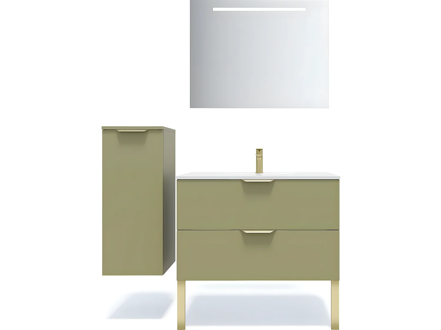 Meuble de salle de bain suspendu vasque intégrée 90cm 2 tiroirs Vert olive + miroir + colonne ouverture gauche - Venice